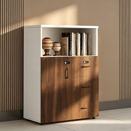 File Cabinet with Password Lock, Wood Lateral Filing Cabinet for Letter/A4 Files, 3 Drawer with Door, Printer Stand with Open Shelves for Home Office