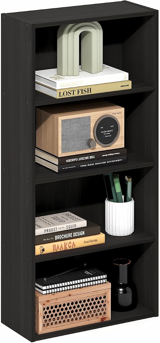 Furinno Basic Book Shelf, 4-Tier Bookcase with Open Shelf, Bookshelf, Cube Storage Organizer, 7 x 17 x 35, for Living Room, Bedroom, Home Office, Espresso