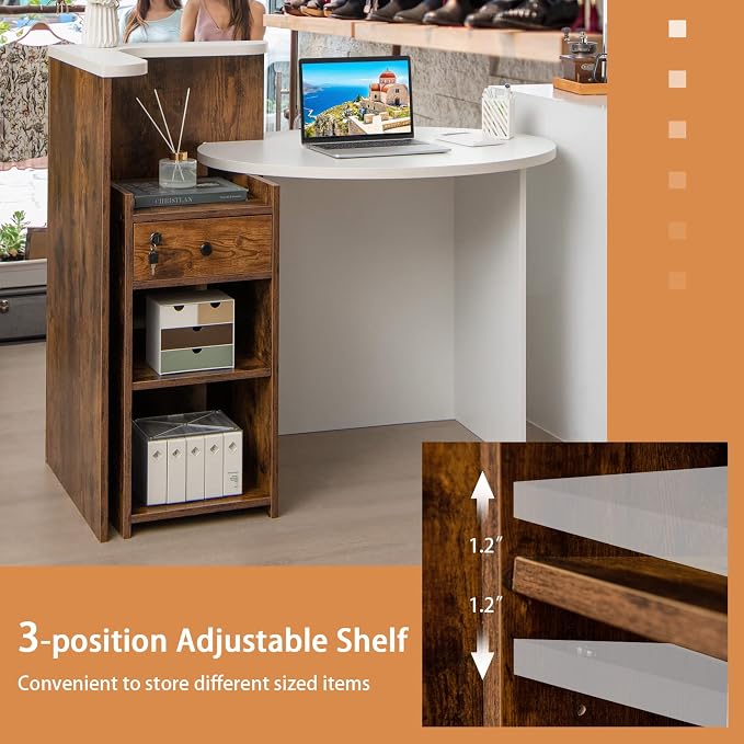 Tangkula Reception Desk, Front Counter Desk with Lockable Drawer & Adjustable Shelf, Oval Desktop, Retail Counter for Checkout, Computer Workstation for Salon Lobby Office, Home Office Desk