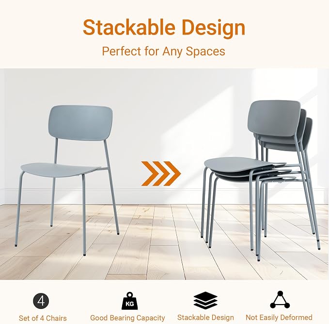 Sidanli Stacking Chairs Set of 4, Office Guest Chairs with Metal Legs, Stacking Office Chairs for Conference Reception Church Lobby, Capacity 300lbs, Gray