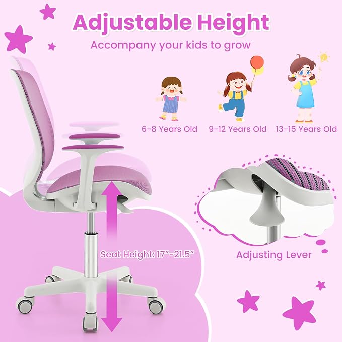 Costzon Kids Desk Chair, Height Adjustable Children Study Computer Chair with Armrests, Sit-Brake Casters, Swivel Mesh Task Chair for Boys Girls Teens Students, Kids Chair for Home, Office (Purple)