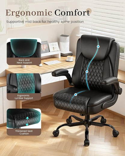 COMHOMA Mid-Back Office Chair, Ergonomic PU Desk Chair with Flip up Arms, Small Computer Gaming with Comfy Lumbar Support,Rocking Function,Sturdy Metal Base, Black