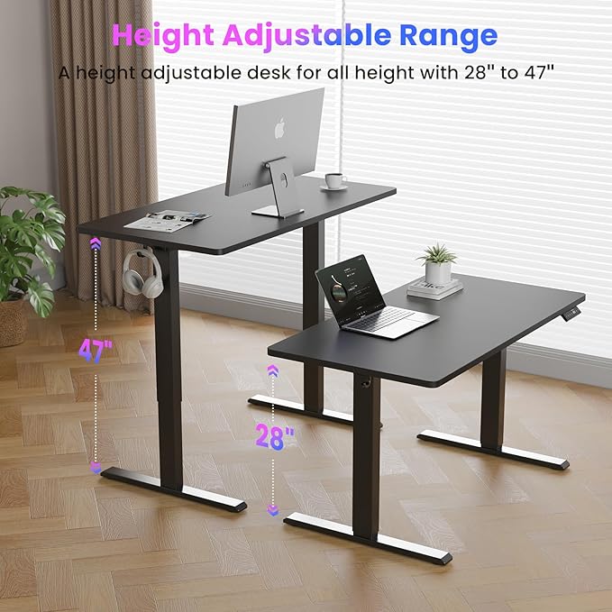 WALKINGDESK 48x24 Inches Height Adjustable Electric Standing Desk with 2 Hooks for Home Office, Ergonomic Sit Stand up Desk with Splice Board, Black