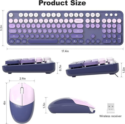 MOFII Wireless Keyboard and Mouse Combo, 2.4GHz Retro Typewriter Keyboard Full Size, Cute Wireless Mice, USB Dongle Plug and Play, for Laptop, PC, Desktop, Windows (Purple Gradient Color)