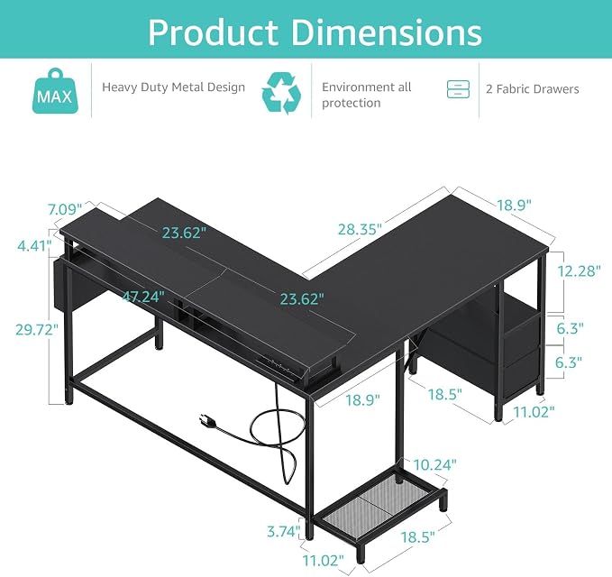 Lufeiya L Shaped Gaming Desk with Led Lights and Power Outlets, 48 Inch Corner Home Office Desk with Monitor Stand Shelves, Writing Study Computer Desks with Fabric Drawers for Bedroom, Black