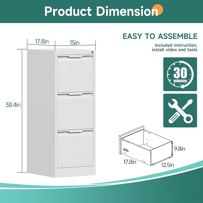 3 Drawer File Cabinet with Lock, Small Filing Cabinets for Home Office,17.8" D Metal File Cabinet for Under Desk, Vertical White File Cabinets for Legal/Letter Size File, Easy Assembly