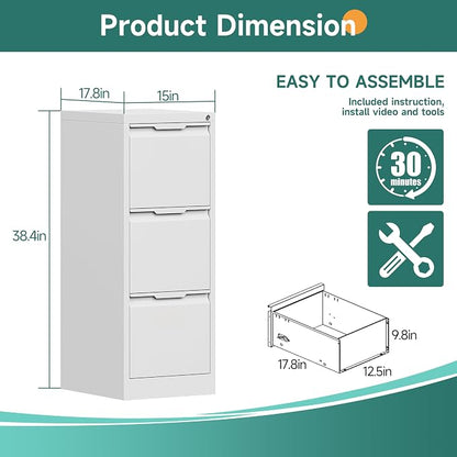 3 Drawer File Cabinet with Lock, Small Filing Cabinets for Home Office,17.8" D Metal File Cabinet for Under Desk, Vertical White File Cabinets for Legal/Letter Size File, Easy Assembly