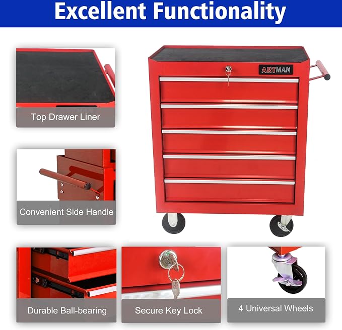 RYH 5 Drawers Rolling Tool Chest & Tool Box on Wheels | Heavy Duty Metal Cart with Ball Bearing Drawers | Fits US General Tool Box for Garage Storage (Red, 5 Drawers（29.9" H × 24.2" W × 12.9" D)