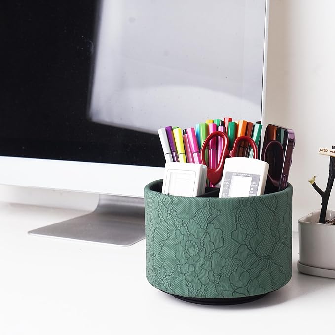 Round Leather Art Supply Organizer,Remote Control Holder,360 Degree Spinning,Multi-Functional Pencil Holder,4 Compartments Desktop Stationary Organizer(1-Lace Flower Green2)
