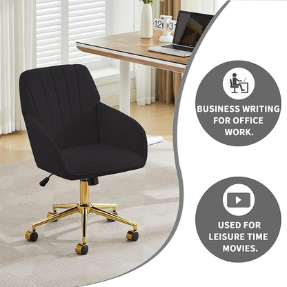 YITAI Velvet Office Desk Chair with Wheels and Gold Base,Modern Height Adjustable 360 Degree Swivel Upholstered Vanity Chairs with Arms for Living Room Bedroom, Study,Black