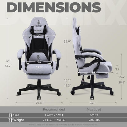 Dowinx Gaming Chair Fabric with Pocket Spring Cushion, Massage Game Chair Cloth with Headrest, Ergonomic Computer Chair with Footrest 290LBS, Black and Grey