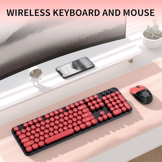 Wireless Keyboard and Mouse, 104 Round Keycaps Retro Typewriter with OTG & Brush, Full-Size Ergonomic, Ideal for Windows PC, Home, Office and College Black Red