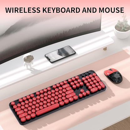 Wireless Keyboard and Mouse, 104 Round Keycaps Retro Typewriter with OTG & Brush, Full-Size Ergonomic, Ideal for Windows PC, Home, Office and College Black Red