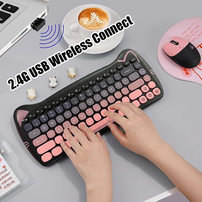 Cute Cat 2.4G USB Wireless Keyboard and Mouse Combo, Silent Keys, Candy Colors, Compatible with Notebook, PC (BlackPink-84Keys)