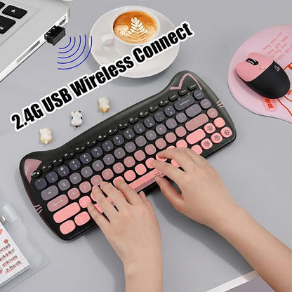 Cute Cat 2.4G USB Wireless Keyboard and Mouse Combo, Silent Keys, Candy Colors, Compatible with Notebook, PC (BlackPink-84Keys)