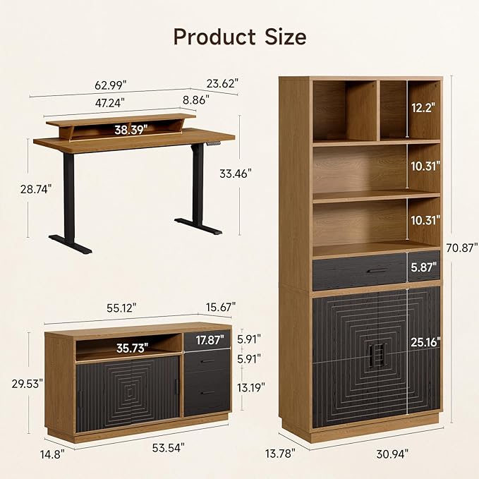 ONBRILL Home Office Furniture Sets, 63'' Standing Desk with 55'' File Cabinet, Electric Height Adjustable Standing Desk with 71'' Tall Modern Bookshelf, Home Office Furniture Set, Oak Brown