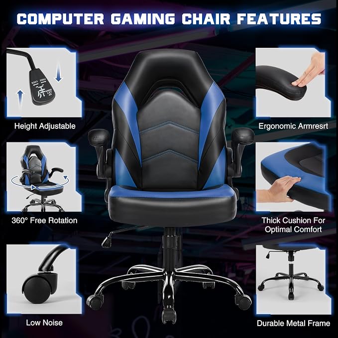 Sweetcrispy Computer Video Game Chair - Ergonomic Home Office with Comfy Lumbar Support, PU Leather Height Adjustable with Flip-up Armrest and 360° Swivel Wheels, Blue, for Adults, Teens