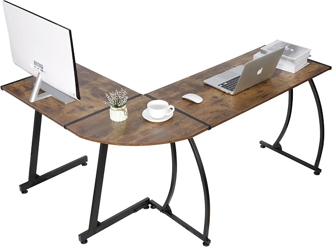 ZenStyle 55" L-Shaped Corner Computer Desk - Sturdy Steel Frame & Waterproof Surface, Brown Wood Grain Design for Home Office, Gaming & Multipurpose Workstation