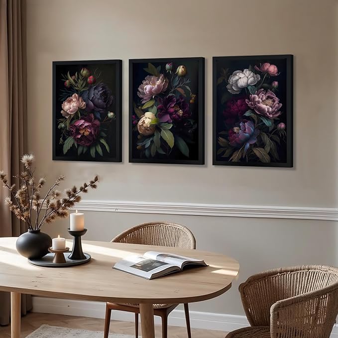 ICHZUMW Moody Peony Floral Canvas Wall Art Set of 3, Black Wood Framed Dark Academia Gothic Botanical Wall Decor, Ready to Hang Fade‑Resistant Flower Pictures for Bedroom Living Room Bathroom, 12×16in