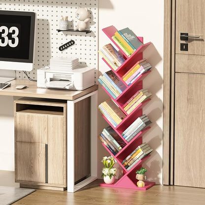 SHEEPAM 10 Tier Tree Book Shelf, Floor Standing Wood Bookshelf for Narrow Space, Storage Organizer Bookshelves for Books/CDs/Magazine, Bookcase with Shelves for Home Office, Living Room - Pink