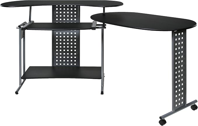 OneSpace Regallo Expandable L-Shaped Desk, Office Computer Desk with 2 Shelves, Black