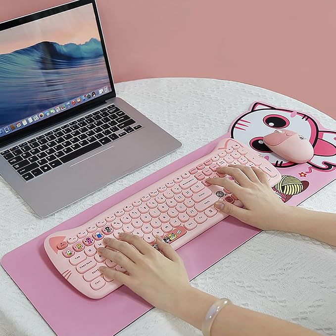 Cute Cat 2.4G USB Wireless Keyboard and Mouse Combo, Silent Keys, Candy Colors, Compatible with Notebook, PC (Pink-110Keys)