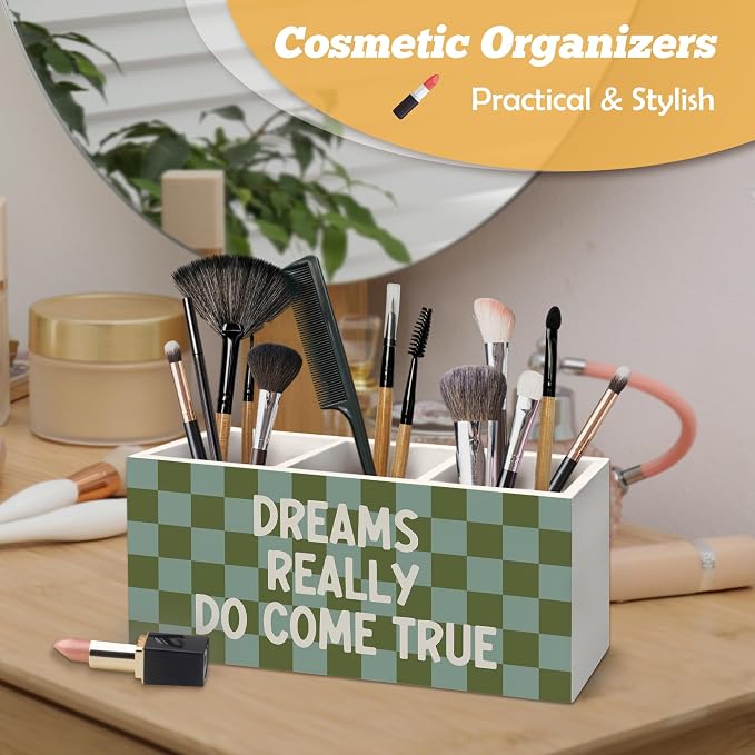 Inspirational Pen Holder Organizer for Desk Accessories, Motivational Gifts for Women, Dreams Really Do Come True Retro Green Checkered Wooden Box Sign Desk Decorations for Home Office Decor