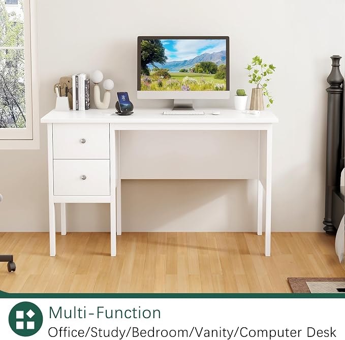 BHG Computer Desk with Drawers,Modern White Home Office Desk with Storage Filing Cabinet, Vanity Desk Makeup Dressing Table for Bedroom,Small Writing Table PC Desks for Study(White, 43.3")