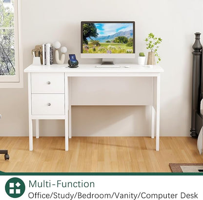 BHG Computer Desk with Drawers,Modern White Home Office Desk with Storage Filing Cabinet, Vanity Desk Makeup Dressing Table for Bedroom,Small Writing Table PC Desks for Study(White, 43.3")