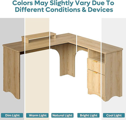 Bestier L Shaped Desk with File Drawer, 55.7" x 55" Office Computer Desk with Round Corners, Modern Desk with Monitor Stand & Fluted Panels for Home Office, Natural Oak