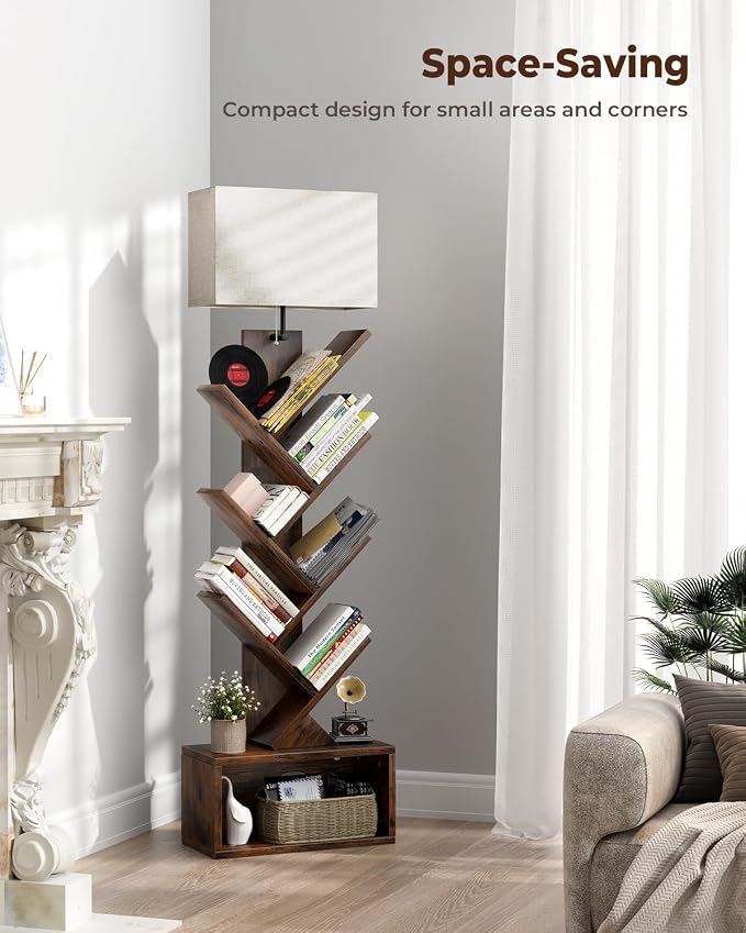 Evermagin 6 Tier Tree Bookshelf with Smart Light, Small Bookcase Tower with Remote Control, Tall Floor Standing Book Organizer for Living Room, Bedroom & Home Office, Rustic Brown