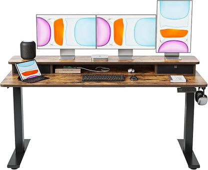 BANTI 63x28 Inch Electric Standing Desk with Dual Drawers, Stand Up Table with Storage, Adjustable Height, Deeper Wider Desktop, Black Frame/Rustic Brown Top