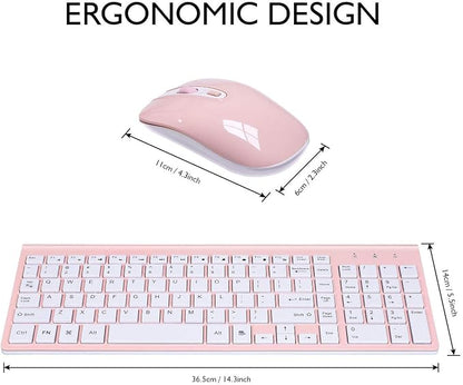cimetech Wireless Keyboard and Mouse Combo, Compact Full Size Wireless Keyboard and Mouse Set 2.4G Ultra-Thin Sleek Design for Windows, Computer, Desktop, PC, Notebook, Laptop - Pink