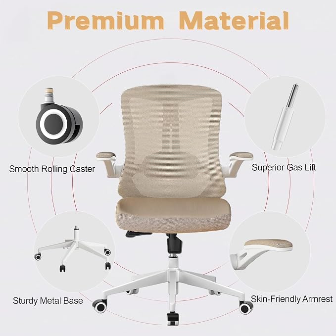 Ergonomic Office Chair - 350LB Comfy Desk Chairs with Lumbar Back Support, Mesh Computer Chairs with Wheels and Arms for Home Office, Study (Khaki-Without Headrest)