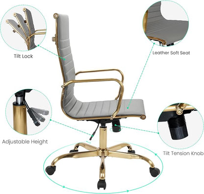 LeisureMod Harris High-Back Task Office Chair - Modern Leather Upholstery with Gold Frame, Ribbed Design 360 Degree Adjustable Swivel for Home, Office, and Study Room
