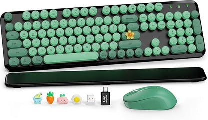Wireless Keyboard and Mouse Combo, Round Keycaps, Full-Size Retro Typewriter Keyboard with Magnetic Wrist Rest, Tilt Legs, 2.4GHz Cordless for Mac, Windows PC, Laptop, SABLUTE CK23, Black & Green