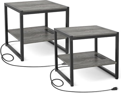 Homieasy End Table with Charging Station, 20" Mini Fridge Stand with Power Outlets, Heavy Duty Side Table for Living Room, Small Table Stand & Fridge Table, Black Oak, 2 Pack