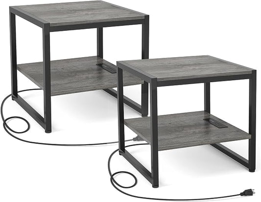 Homieasy End Table with Charging Station, 20" Mini Fridge Stand with Power Outlets, Heavy Duty Side Table for Living Room, Small Table Stand & Fridge Table, Black Oak, 2 Pack