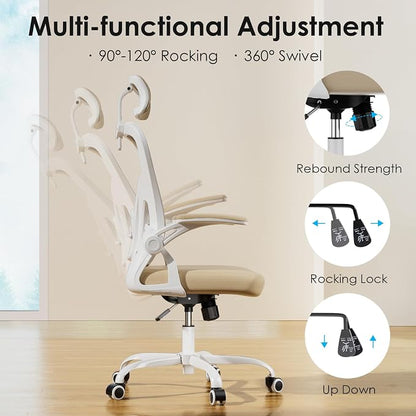 Farini Ergonomic Office Chair, Home Office Desk Chair with Headrest, High Back Swivel Computer Chair with Armrests and Adjustable Lumbar Support for Home Office Study Room, White & Khaki