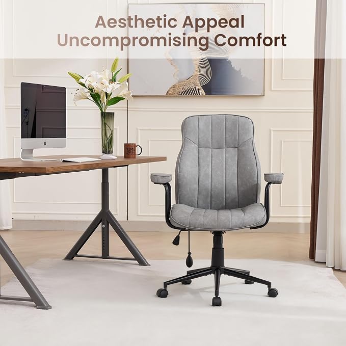 Mid Century Modern Office Chair with Inflatable Lumbar Support, Ergonomic Brown PU Leather Desk Chair with Arms, Height Adjustable Swivel Executive Computer Chair for Home Office, 300lbs