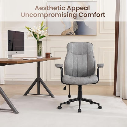 Mid Century Modern Office Chair with Inflatable Lumbar Support, Ergonomic Brown PU Leather Desk Chair with Arms, Height Adjustable Swivel Executive Computer Chair for Home Office, 300lbs