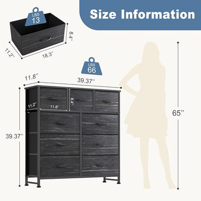 DUMOS 9 Drawer Dresser for Bedroom, Fabric Storage Organizer with Sturdy Metal Frame, Wooden Top Chest of Drawers for Closet Entryway Guest Room,Black Wood
