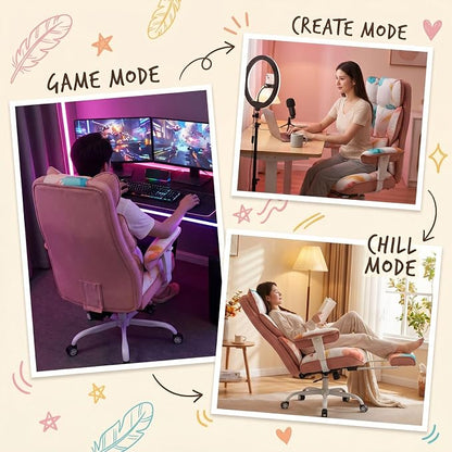 Efomao Watercolor Fabric Executive Office Chair Home Foot Rest, Pink | Soft Breathable Computer Desk Seat, Plush Comfy Cushion, Aesthetic Pastel Floral Patterns for Studio Vanity Cozy Setup