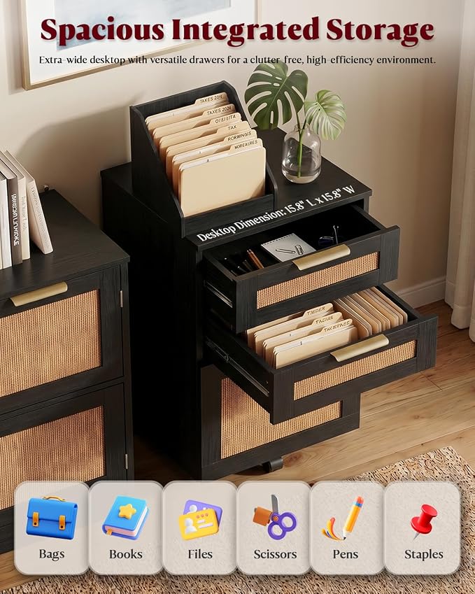 HOPUBUY 3 Drawer File Cabinet with Lock, Small Rattan Filing Cabinets with Wheels, Wood Rolling Office Storage for Under Desk Home Office,Black