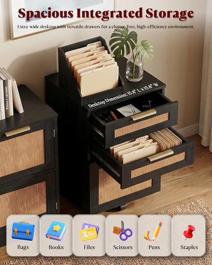 HOPUBUY 3 Drawer File Cabinet with Lock, Small Rattan Filing Cabinets with Wheels, Wood Rolling Office Storage for Under Desk Home Office,Black