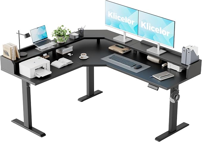 Klicelor L Shaped Electric Standing Desk 63 x 55 inch with Shelf, Height Adjustable Corner Desk, Sit Stand Desk with Storage Shelf, Home Office Computer Table, Black