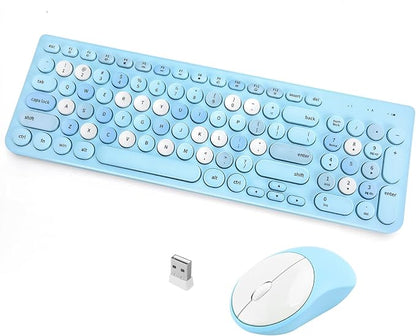 Wireless Keyboard and Mouse Combo, Retro Typewriter Keyboard with Round Keycaps, 2.4GHz USB Cute Wireless Keyboard Mouse for Computer, Desktop, Laptop (Blue Colorful)