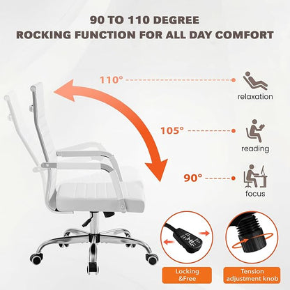 Furmax Ergonomic Office Desk Chair, Executive Ribbed Mid-Back PU Leather Conference Room Chair Adjustable Swivel Chair with Arms (1, White)