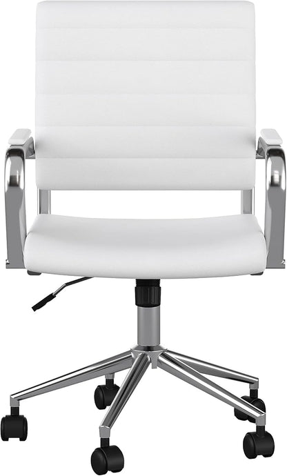 Martha Stewart Piper Swivel Task Chair with Armrests for Home Office in White Faux Leather with Polished Nickel Frame