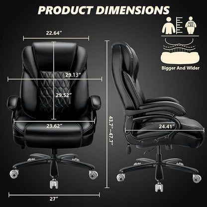 600lbs Big and Tall Office Chair with Pocket Spring Cushion, Ergonomic Heavy Duty Executive Office Desk Chair with Adjustable Lumbar Support, Large Comfy Computer Chair with Dual Rubber Wheel